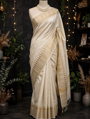Kota Viscose Semi Raw Silk Saree with Golden Zari Mangalgiri Border