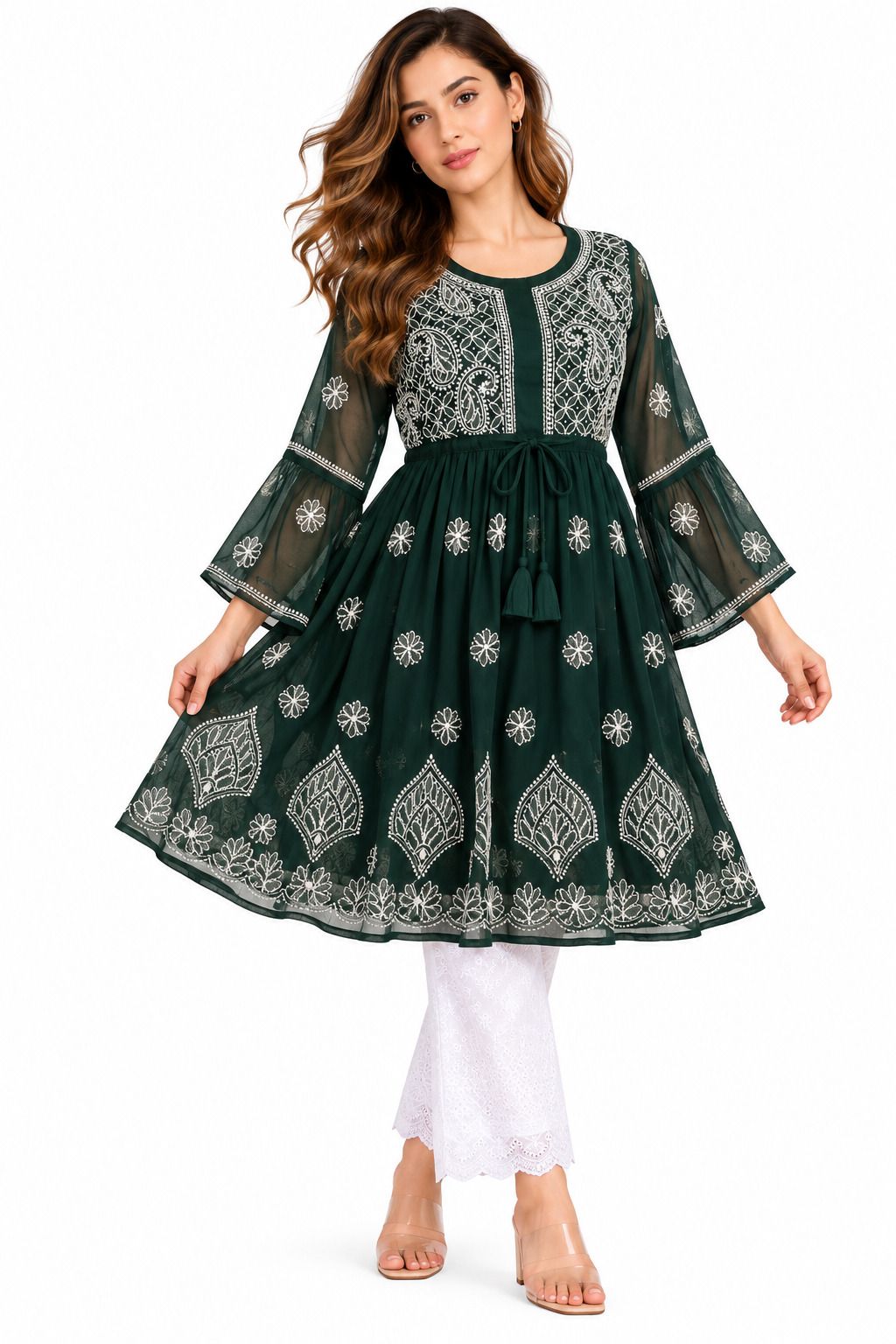 Mrs Right Women’s Short Georgette Gown Frock with Handcrafted Lucknowi Chikankari Embroidery | Umbrella Sleeves | Adjustable Waist Belt | Thigh Length