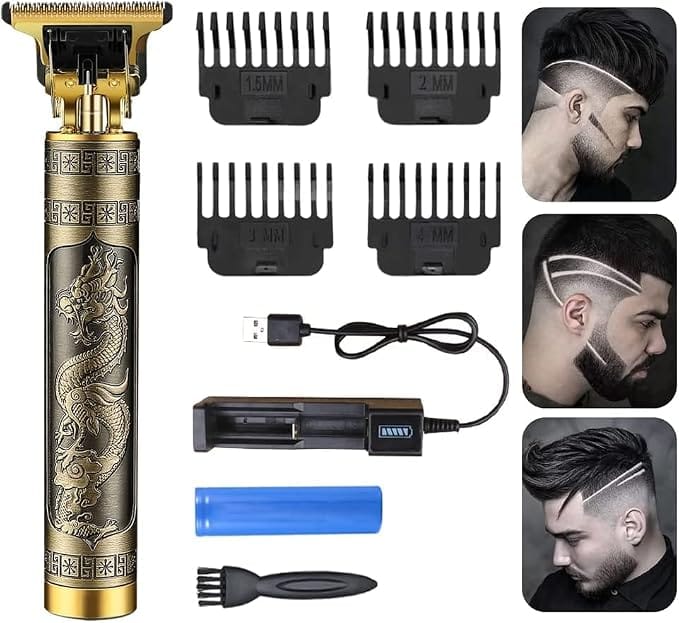 T98 Professional Hair Trimmer for Men, Rechargeable Cordless Beard & Hair Clipper with USB Charging, Zero Gap Precision Blade, Gold Metal Body Grooming Kit.