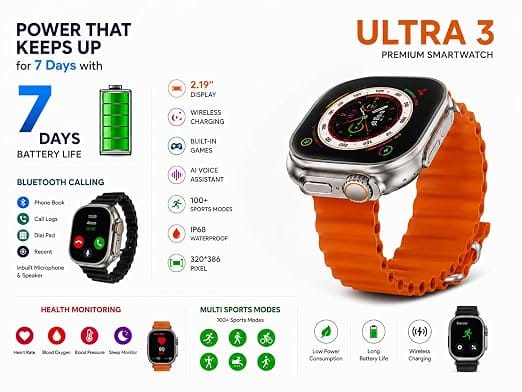 Ultra 3 Premium Smartwatch, 2.19 Inch HD Display, Bluetooth Calling, Wireless Charging, IP68 Waterproof, 7 Days Battery Life, 100+ Sports Modes