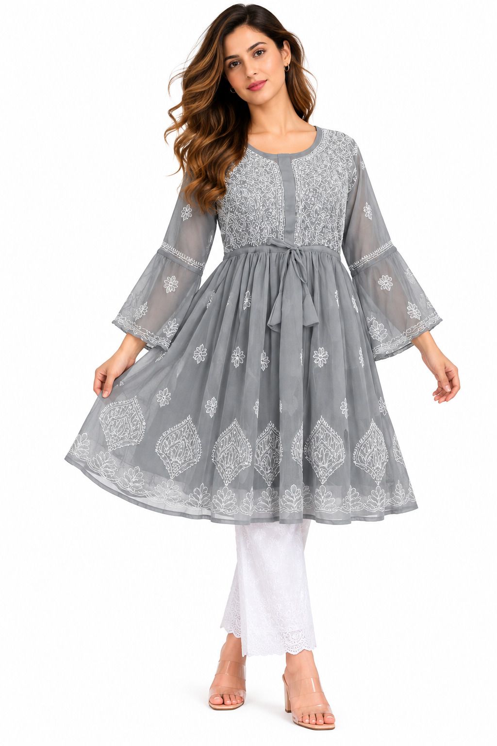 Mrs Right Women’s Short Georgette Gown Frock with Handcrafted Lucknowi Chikankari Embroidery | Umbrella Sleeves | Adjustable Waist Belt | Thigh Length