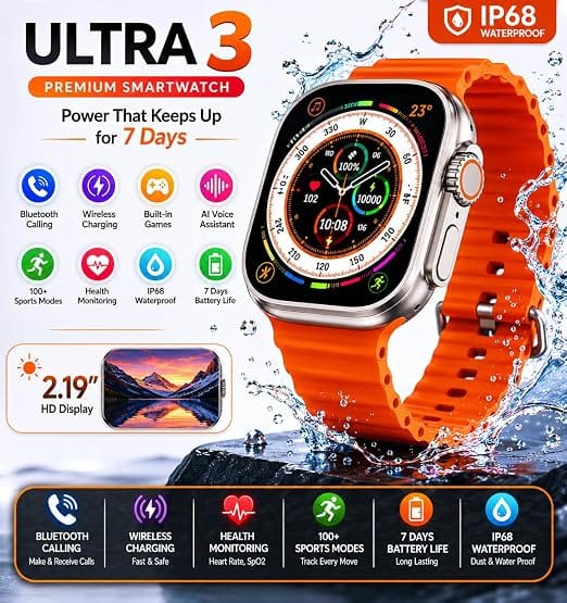 Ultra 3 Premium Smartwatch, 2.19 Inch HD Display, Bluetooth Calling, Wireless Charging, IP68 Waterproof, 7 Days Battery Life, 100+ Sports Modes
