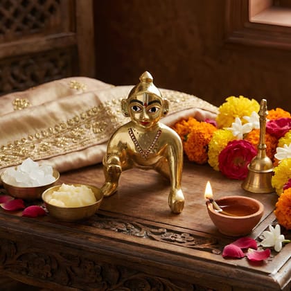 WUGO Big Size Laddu Gopal Pure Brass Idol | Petal Design Murti of Laddu Gopal Ji, Bal Gopal Ji & Thakur Ji | Traditional Brass Krishna Murti for Home Temple, Pooja Room & Mandir