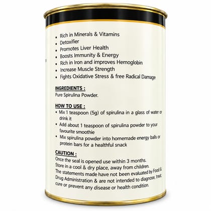 Spirulina Powder | 100% Natural Superfood | High Concentration Of Protien And Chlorophyl | Rich in Plant Protein, Vitamins & Minerals | Supports Daily Nutrition & Wellness