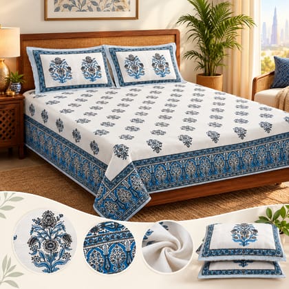 DHRUVINSRI Hand Block Print Pure Cotton Double King Bedsheet | 3 Pc Set with 2 Pillow Covers | 100×108 Inch