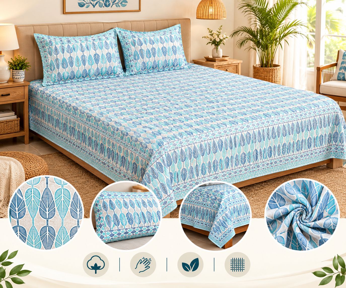 DHRUVINSRI Pure Cotton Hand Block Print King Size Bedsheet Set | 120x120" | 2 Pillow Covers-3 Pcs Set