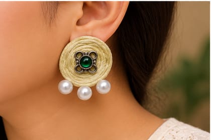 Handmade Cream Rope Earrings with Green Centre & Pearl Beads Handmade Cream Rope Earrings with Green Centre & Pearl Beads