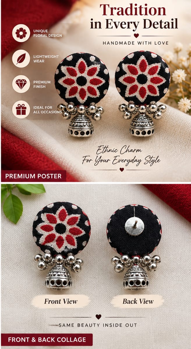 Black Floral Patch Jhumka Earrings for Women | Handmade Ethnic Design