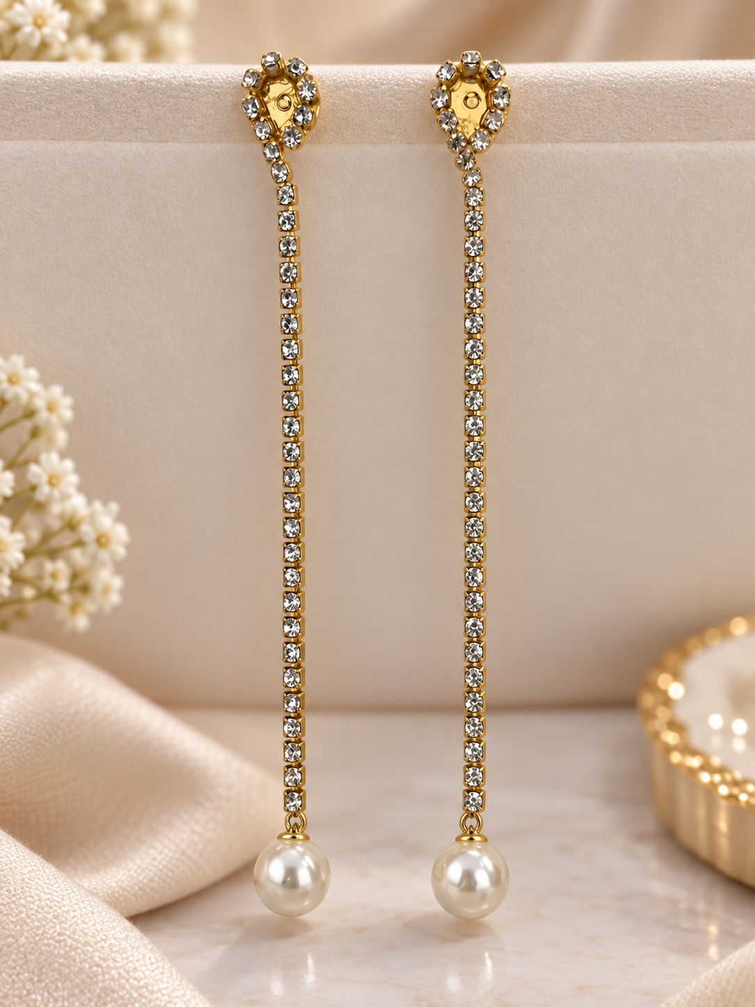 Elegant Gold-Tone Chain Drop Earrings for Women | Pearl Hanging Design