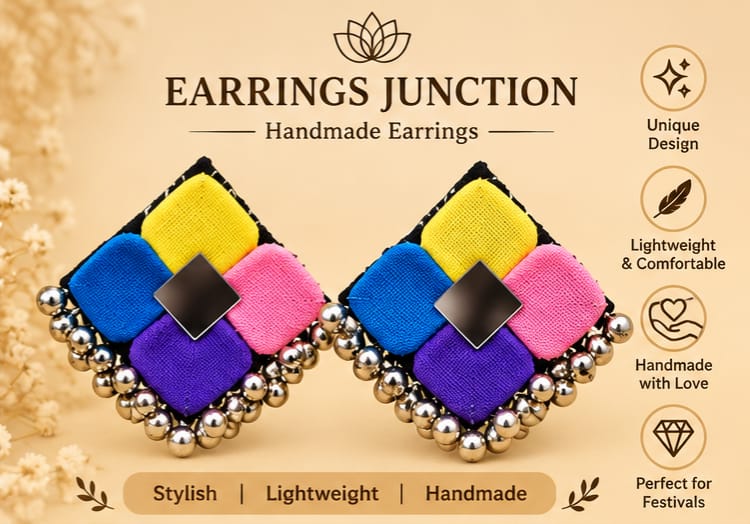 Multicolour Handmade Fabric Earrings for Women | Geometric Square Design with Beaded Border