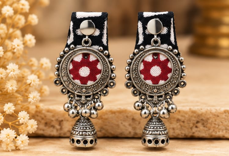 Black & Red Handmade Fabric Jhumka Earrings for Women | Traditional Ethnic Design
