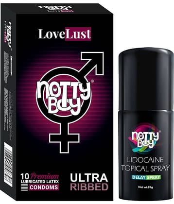 NottyBoy Delay Spray For Men 20g, Ultra Ribbed Condoms - Pack of 1