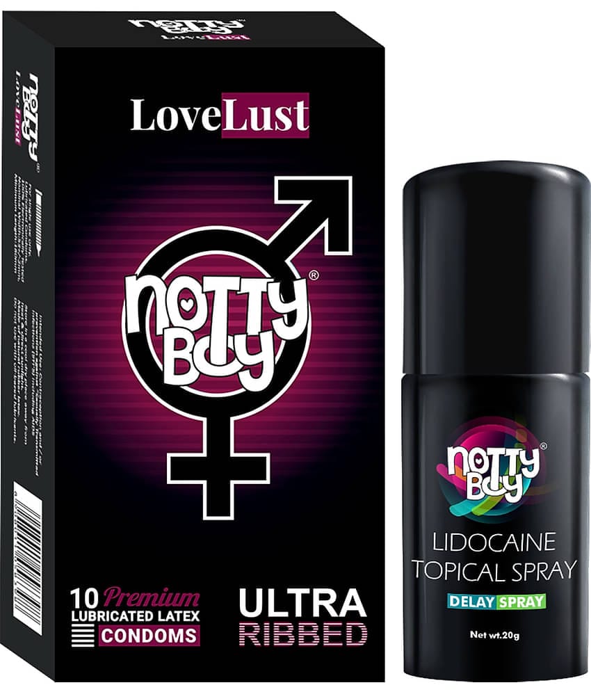 NottyBoy Delay Spray For Men 20g, Ultra Ribbed Condoms - Pack of 1