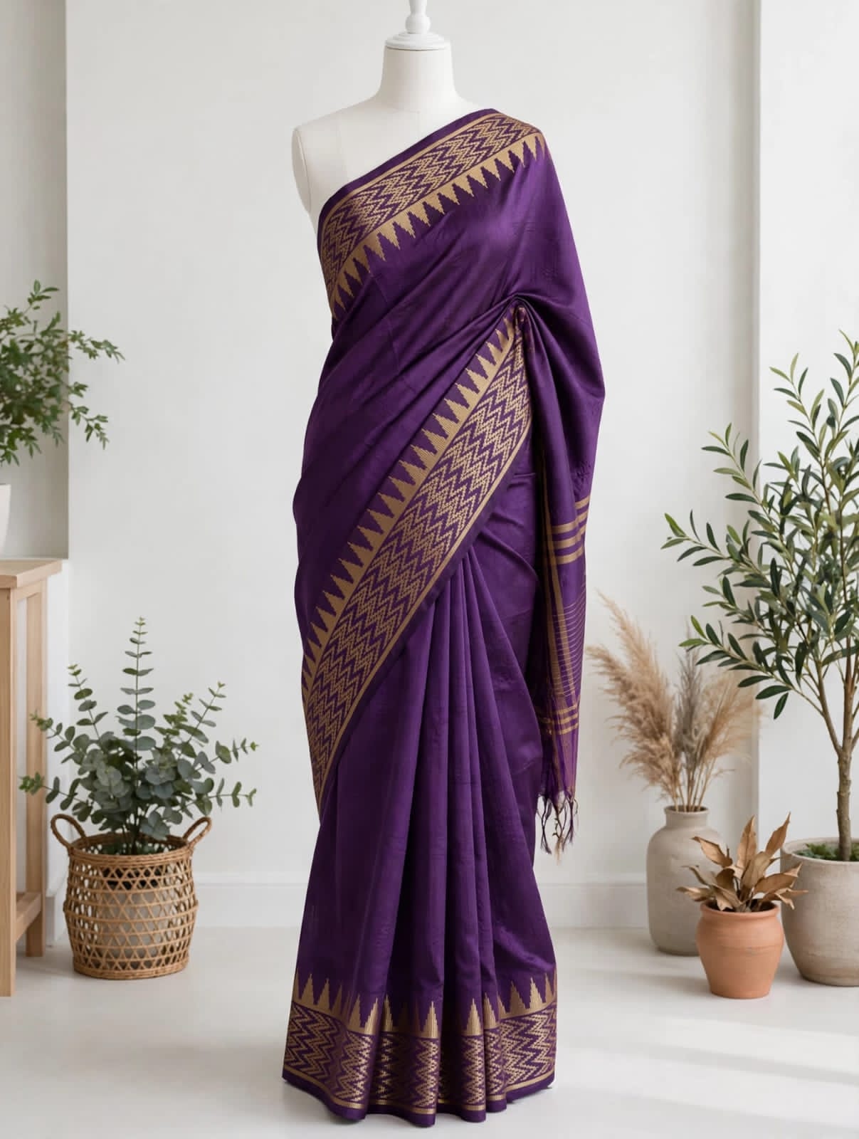 Kota Viscose Semi Raw Silk Saree with Golden Zari Mangalgiri Border