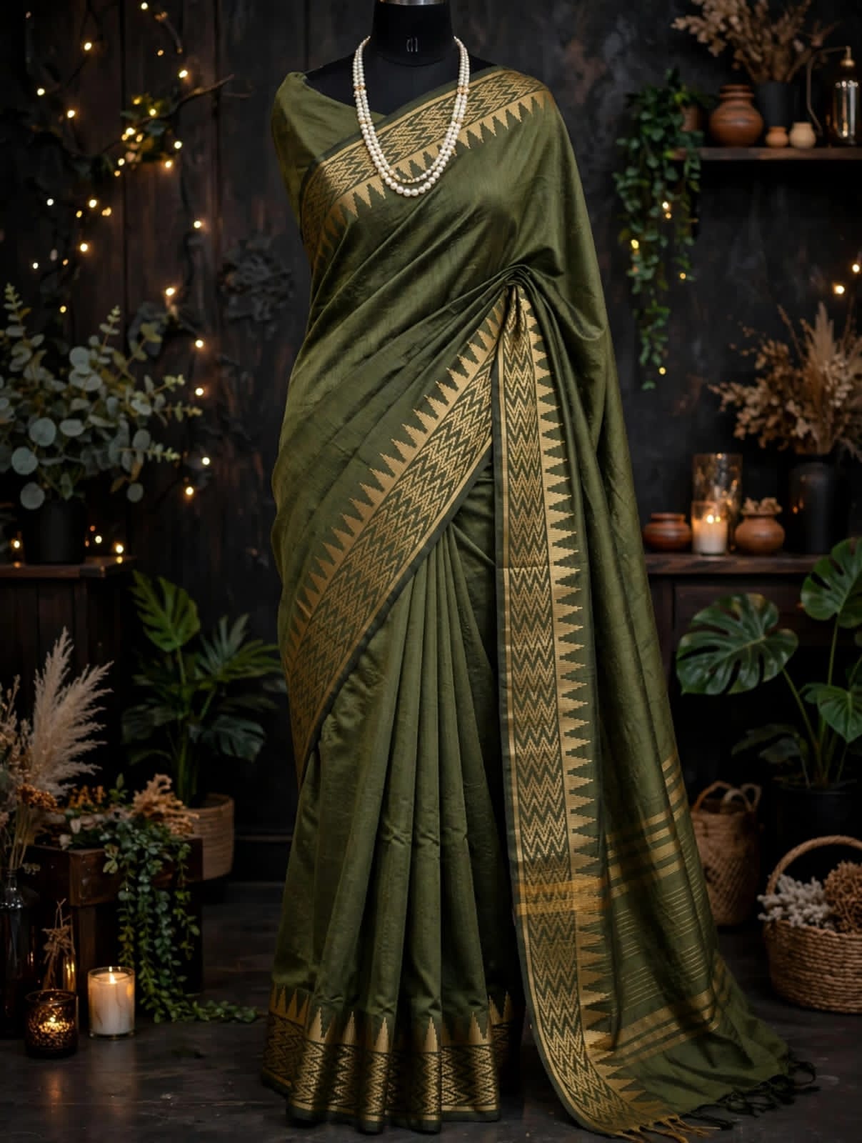 Kota Viscose Semi Raw Silk Saree with Golden Zari Mangalgiri Border
