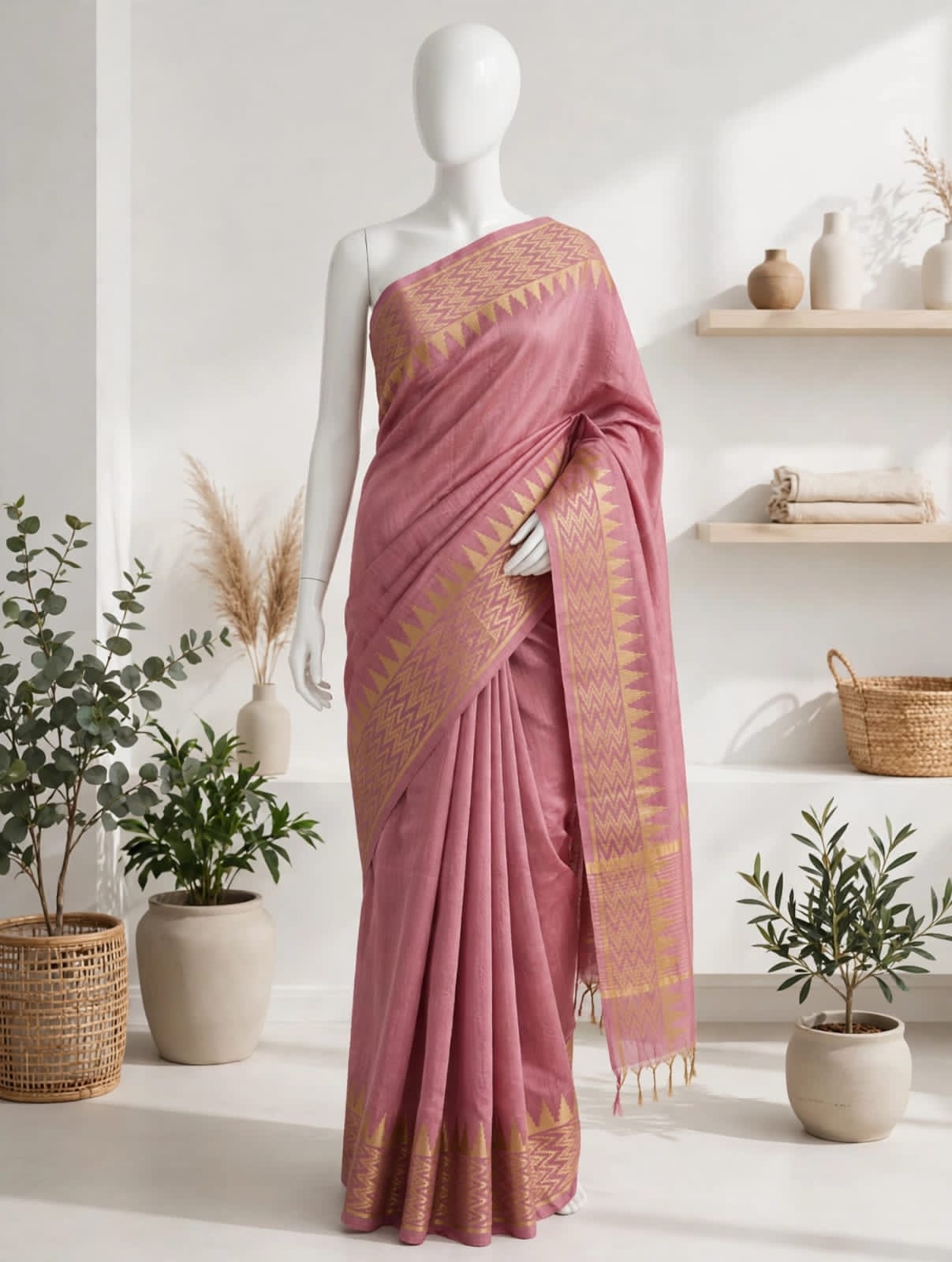 Kota Viscose Semi Raw Silk Saree with Golden Zari Mangalgiri Border
