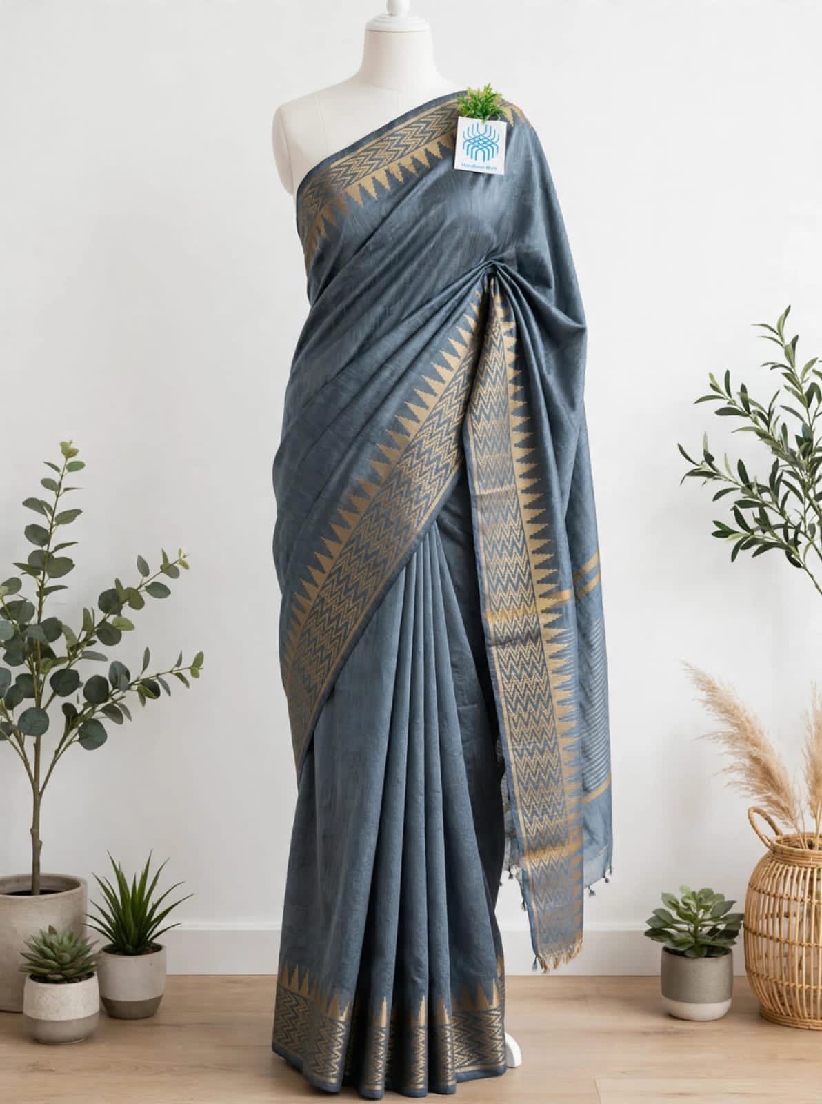 Kota Viscose Semi Raw Silk Saree with Golden Zari Mangalgiri Border