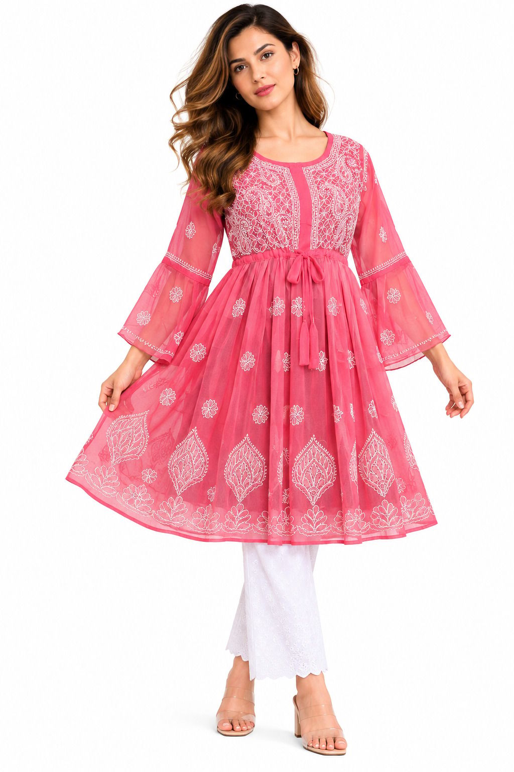 Mrs Right Women’s Short Georgette Gown Frock with Handcrafted Lucknowi Chikankari Embroidery | Umbrella Sleeves | Adjustable Waist Belt | Thigh Length