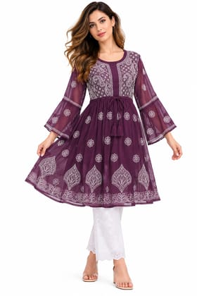 Mrs Right Women’s Short Georgette Gown Frock with Handcrafted Lucknowi Chikankari Embroidery | Umbrella Sleeves | Adjustable Waist Belt | Thigh Length