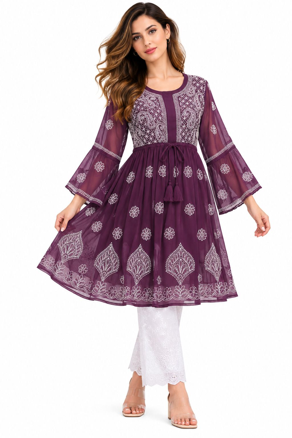 Mrs Right Women’s Short Georgette Gown Frock with Handcrafted Lucknowi Chikankari Embroidery | Umbrella Sleeves | Adjustable Waist Belt | Thigh Length