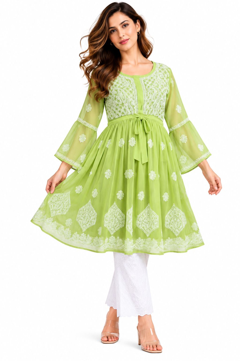 Mrs Right Women’s Short Georgette Gown Frock with Handcrafted Lucknowi Chikankari Embroidery | Umbrella Sleeves | Adjustable Waist Belt | Thigh Length