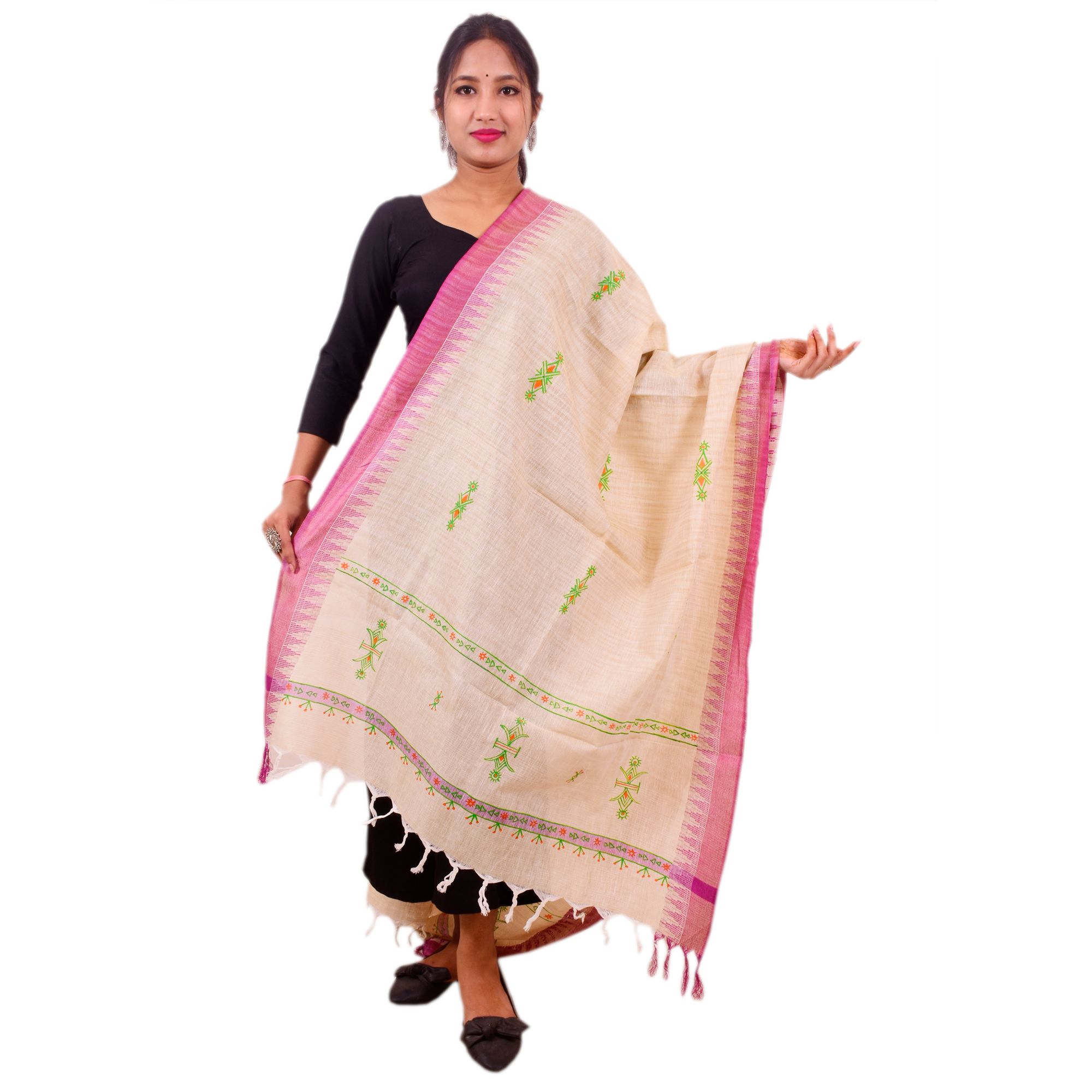 TRIBES INDIA Handwoven Dupatta - Cream with Pink Border
