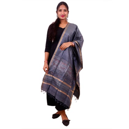 Tribes India Hand-painted Saura Art Grey Silk Dupatta
