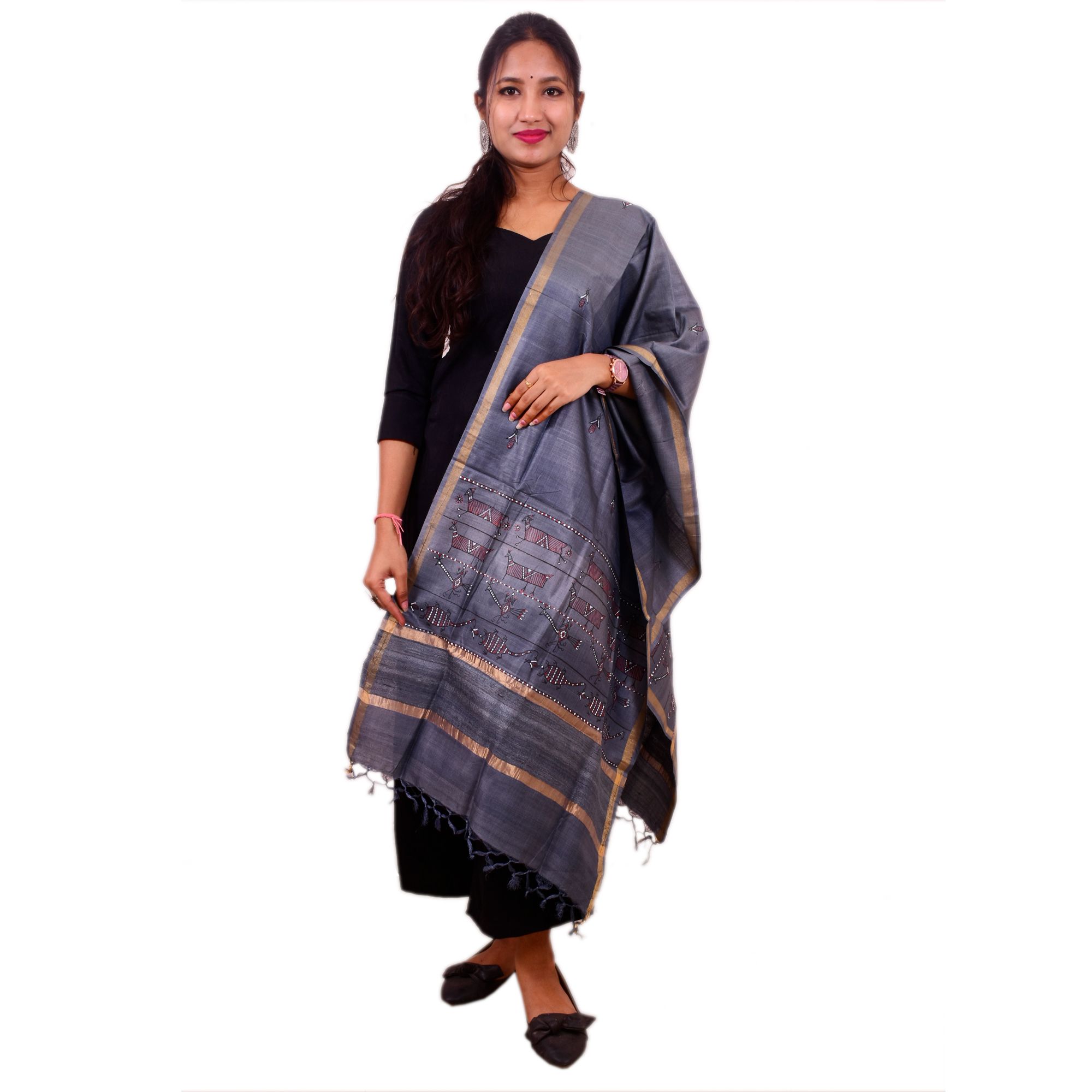 Tribes India Hand-painted Saura Art Grey Silk Dupatta