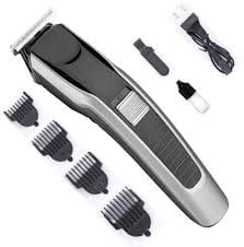 Professional Cordless Hair Trimmer for Men with 4 Guide Combs, Cleaning Brush and Charging Cable, Black & Silver