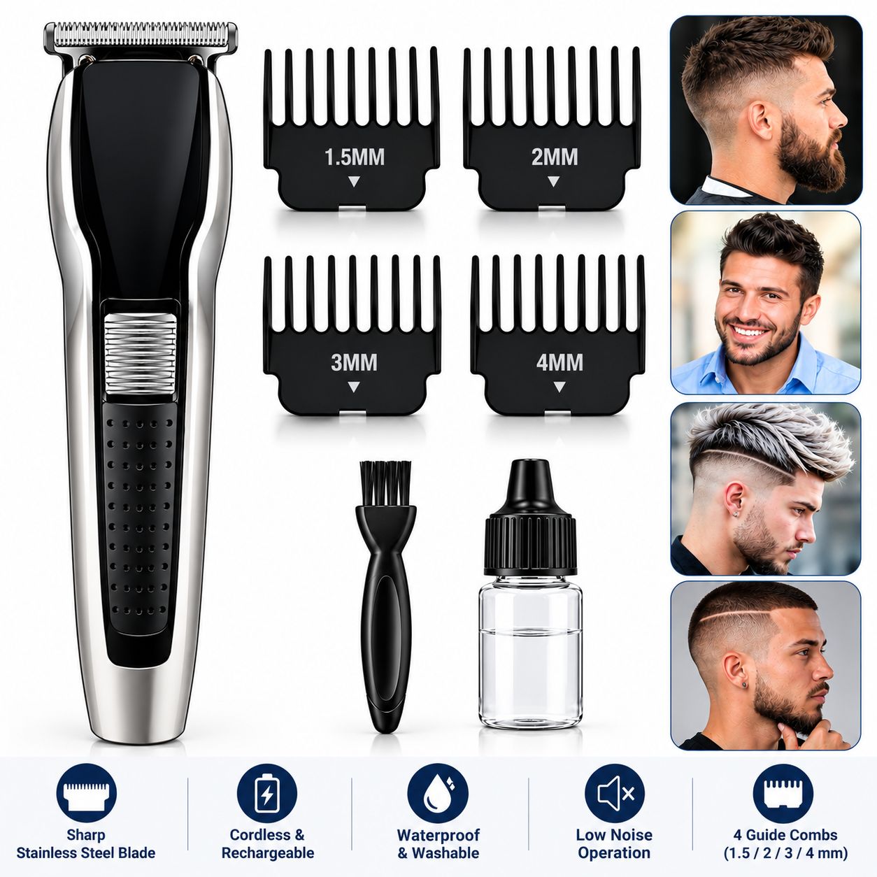 Professional Cordless Hair Trimmer for Men with 4 Guide Combs, Cleaning Brush and Charging Cable, Black & Silver