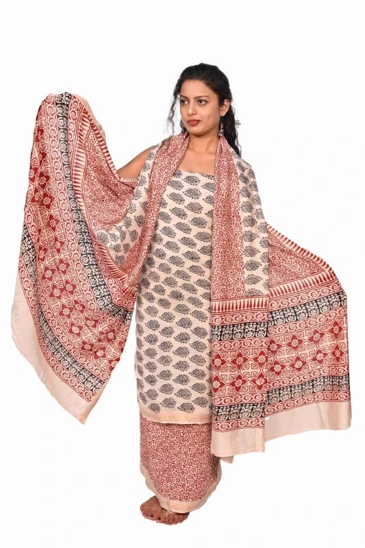 Handwoven White Cotton Silk Mix Maheshwari Bagh Print Suit Material 1STXSARMP00167-14