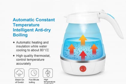 Blue and White Silicone Electric Kettle, Foldable Portable Travel Water Boiler for Home and Office Blue and White Silicone Electric Kettle, Foldable Portable Travel Water Boiler for Home and Office