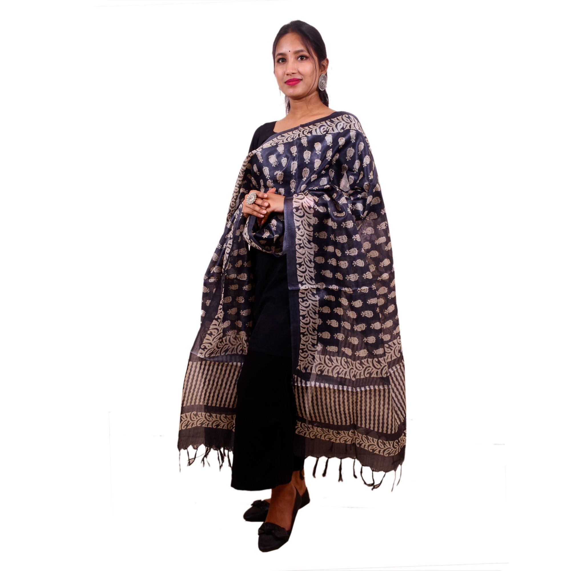 Tribes India Hand Block Printed Silk Dupatta Stole (Black)
