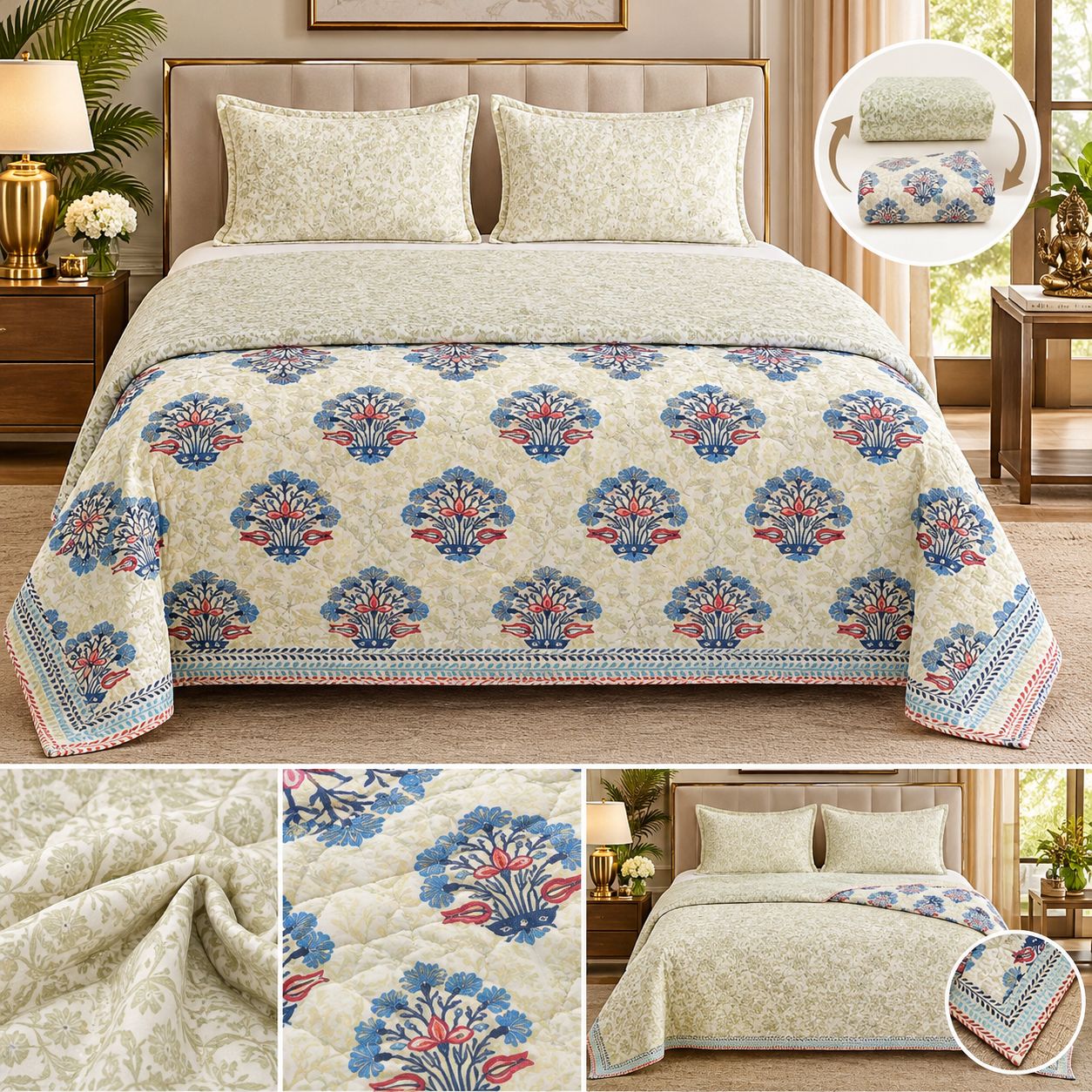 DHRUVINSRI Jaipur Hand Block Print AC Dohar Quilt 93×108 Inch, Revirsible , Cotton Mulmul– Traditional Indian Cotton Bed Cover, 1 Piece