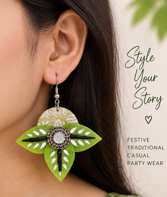 Handmade Green Leaf Fabric Earrings for Women | Mirror Work Floral Design