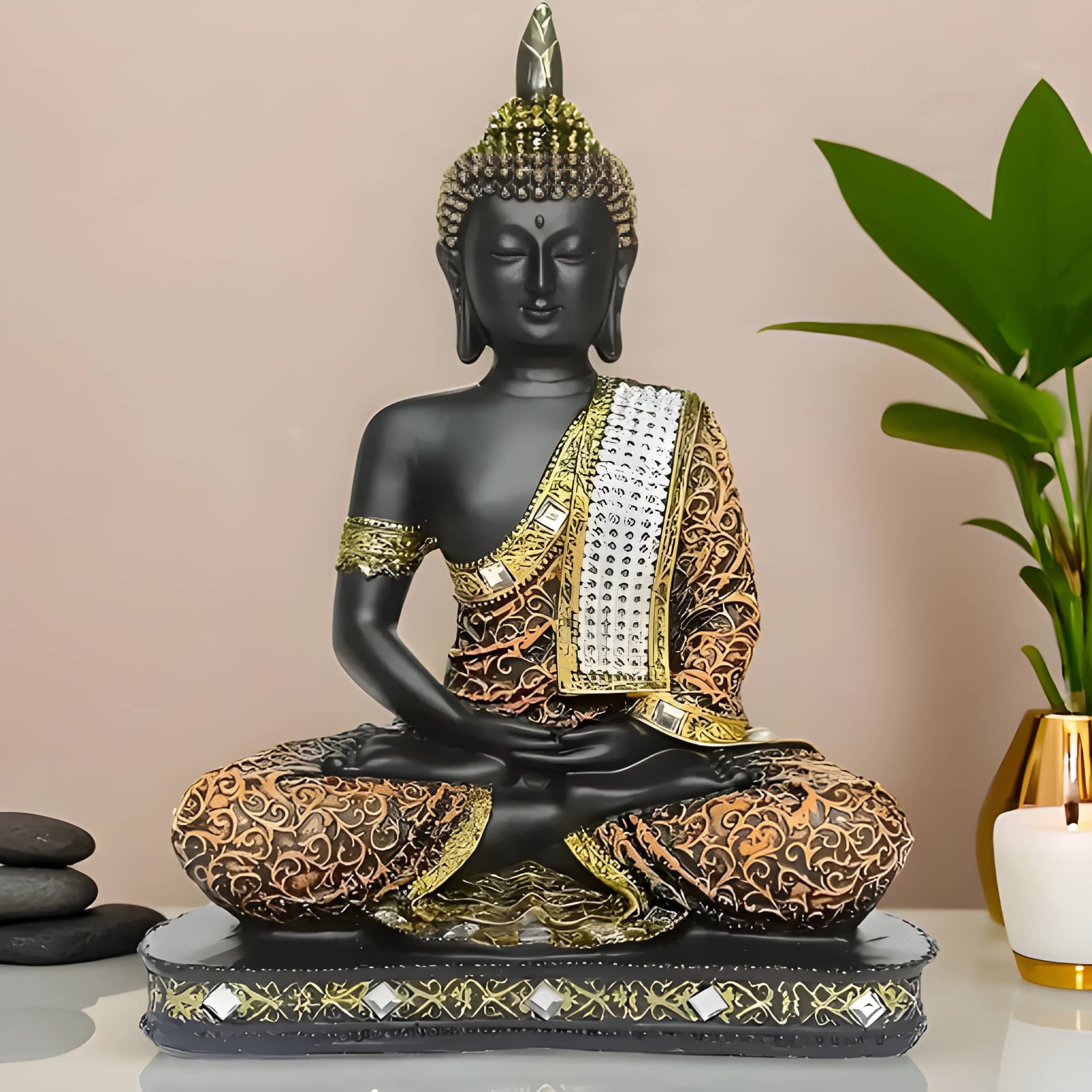 Polyresin Sitting Buddha Idol Statue Showpiece for Home Decor, Gold & Black Decorative Buddha Figurine for Living Room, Bedroom, Office, Meditation Space and Table Decoration 1 Piece