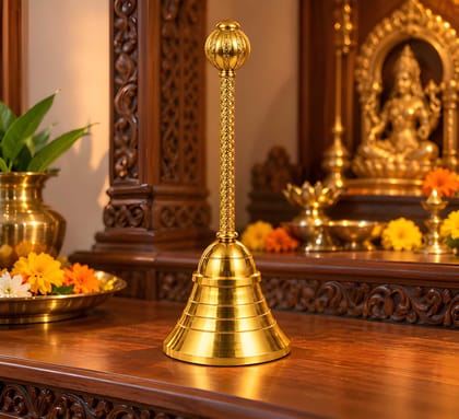 Heavy Duty Gadda Ghanti Golden with Gold Finish | Decorative Puja Bell for Home Mandir, Daily Pooja, Aarti & Religious Ceremonies (Original)