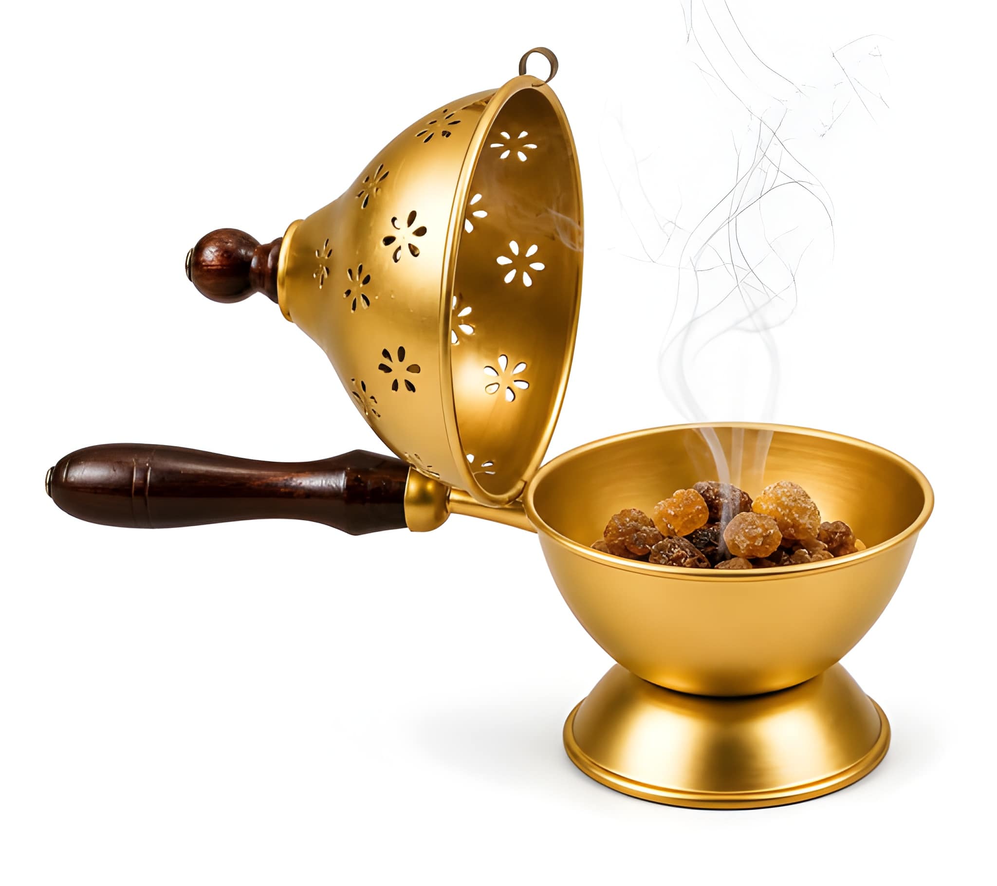 Heavy Duty Dhoop Dani with Wooden Handle | Decorative Brass Incense Holder & Pooja Burner for Home Mandir, Temple, Daily Pooja, Aarti & Religious Ceremonies (Original)