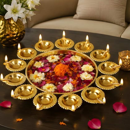WUGO Diya & Flower Floating Decorative Bowl, 10 Inches | Gold Finish Metal Urli Bowl for Floating Flowers, Tea Light Candles, Diwali, Pooja, Home, Office & Table Decoration (Original)
