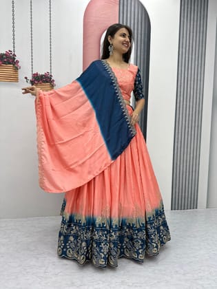 Chinon Silk Thread Embroidery work Lehenga Choli Set-Free Size