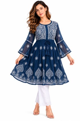 Mrs Right Women’s Short Georgette Gown Frock with Handcrafted Lucknowi Chikankari Work, Umbrella Sleeves & Adjustable Waist Belt, Thigh Length
