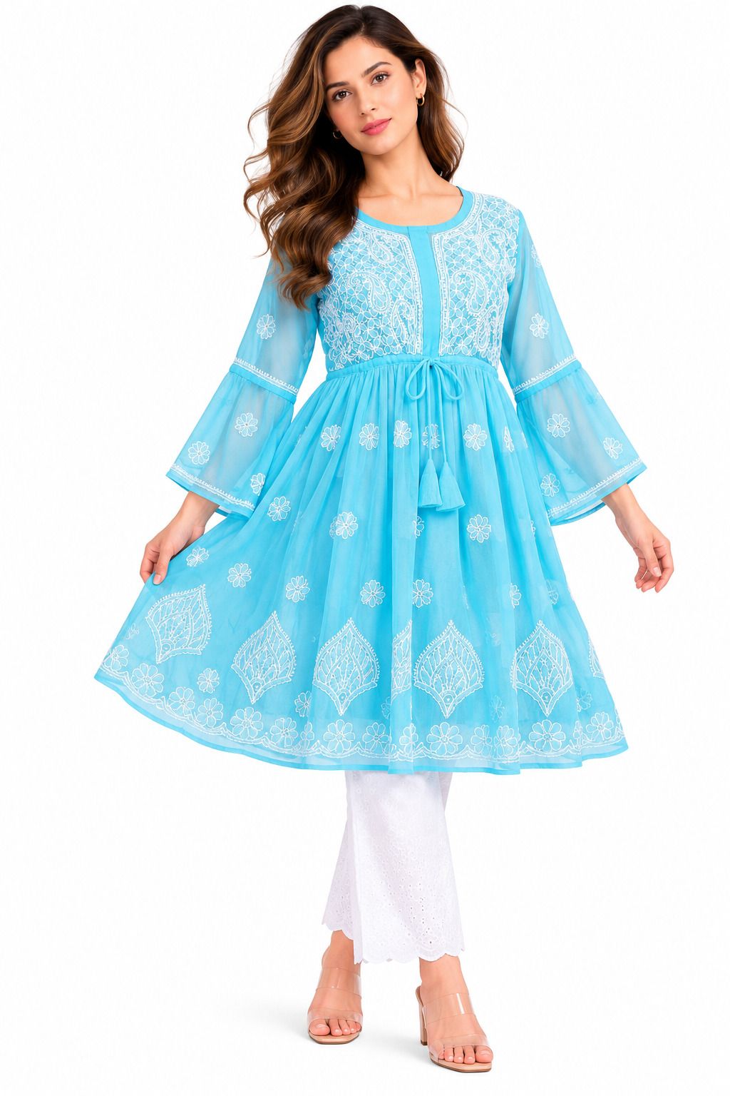 Mrs Right Women’s Short Georgette Gown Frock with Handcrafted Lucknowi Chikankari Work, Umbrella Sleeves & Adjustable Waist Belt, Thigh Length
