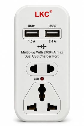 LKC Universal Multiplug Adapter with Dual USB Ports, 2.4A Max