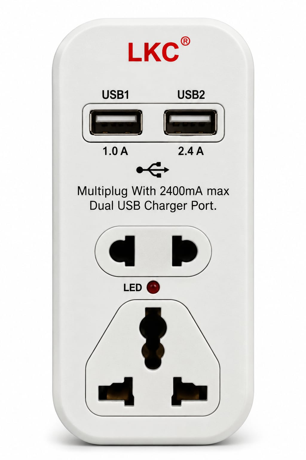 LKC Universal Multiplug Adapter with Dual USB Ports, 2.4A Max