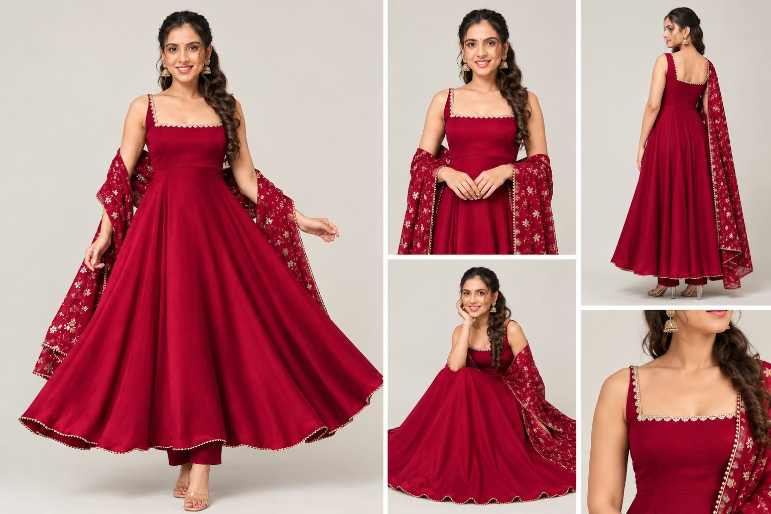 mystore Women's Maroon Flared Anarkali Suit Set with Embroidered Dupatta