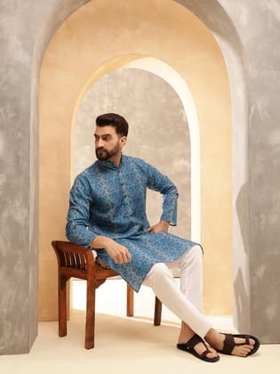 Men's Cotton Linen Geometric Printed Peacock Blue Kurta with white Pyjama-36