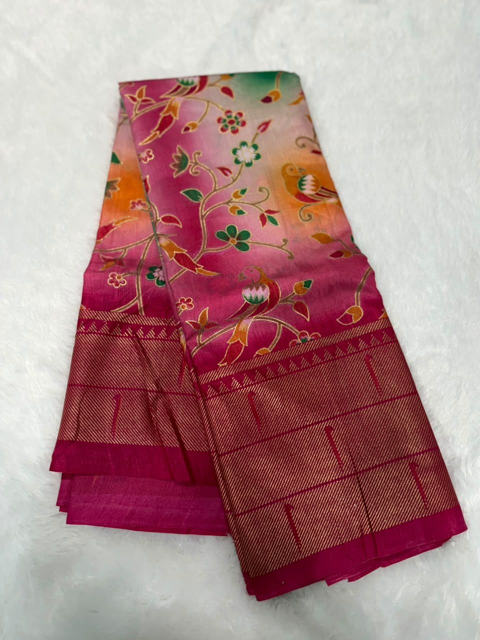 Pink Floral and Bird Motif Saree