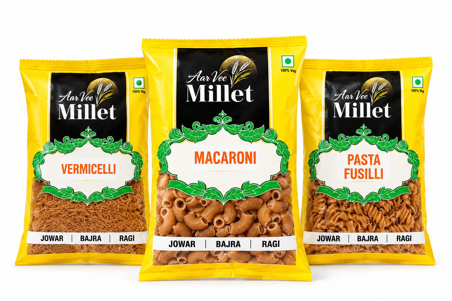Aarvee Millet Tiffin Combi Trial Pack – Macaroni, Fusilli & Vermicelli (Pack of 6, 75g*6)