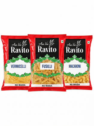 Aarvee Ravito Tiffin Combi Trial Pack – Macaroni, Fusilli & Vermicelli (Pack of 6, 75g*6)