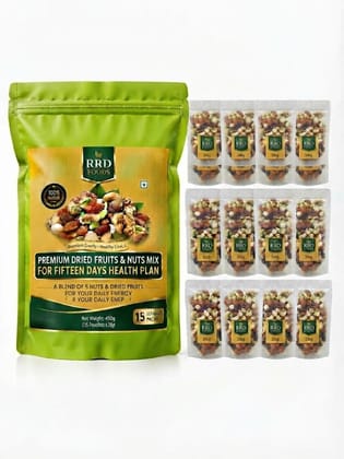 R R D Foods Dry Fruits Mix | Daily Portion Pack | Almonds, Cashews, Pistachios, Walnuts & Raisins | 30g x 15 Pouches | 450g